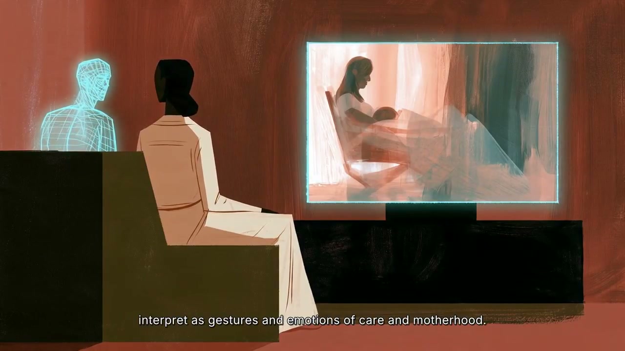 Illustrated scene from Ghosts of Our Mothers, with a human figure and a digital figure watching an image of motherhood